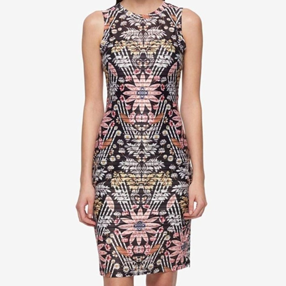 Guess Bodycon Knee Length Dress - Black and White Striped Floral - Size 8